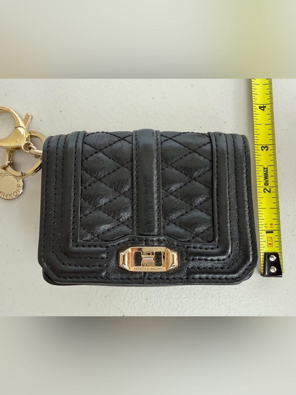 Rebecca Minkoff Quilted Leather Keychain Wallet Coin Purse Black Gold - Picture 12 of 13